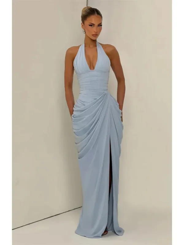 ผู้หญิงแฟชั่นจีบHalterชุดเอวCinchingแขนกุดBacklessแยกชุดMaxi 2026 เซ็กซี่ฤดูร้อนLady Party Gowns
