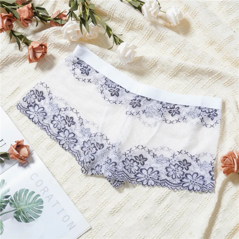 Men Lace Jacquard Mesh Boxer Shorts Underwear Hollow Temptation Exotic Trunks Silk Soft Quick Dry Breathable Sexy Panties