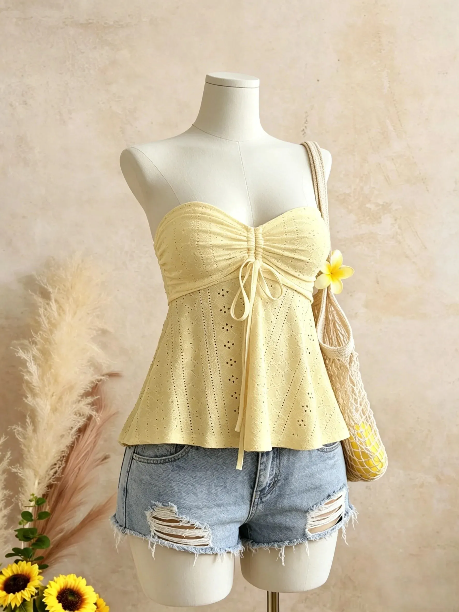 Women Yellow Eyelet Lace Tube Top Casual Ruched Tie Front Peplum Strapless Camisole