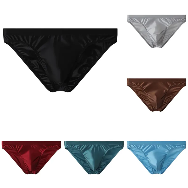 Luxusní hnědé saténové pánské bikiny kalhotky s vysokým elastickým pasem Hladké lesklé spodky s 3D obrysovým váčkem Prodyšné intimky — image 8