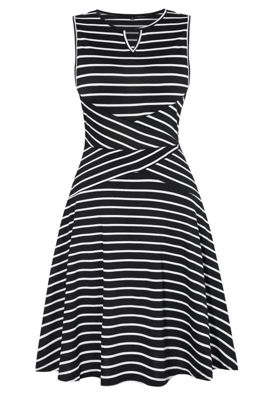 Womens Sleeveless Elegant Keyhole Work Office A-Line Stries Business Casual Party Slim Fit And Flare Swing Dress