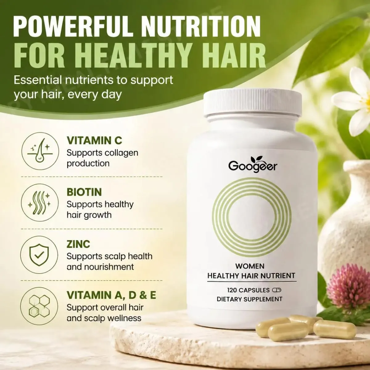 Women Hair Growth Support Capsules with Biotin Zinc Selenium Vitamins A C D3 E for Stronger Healthy Looking Hair 120 Capsules