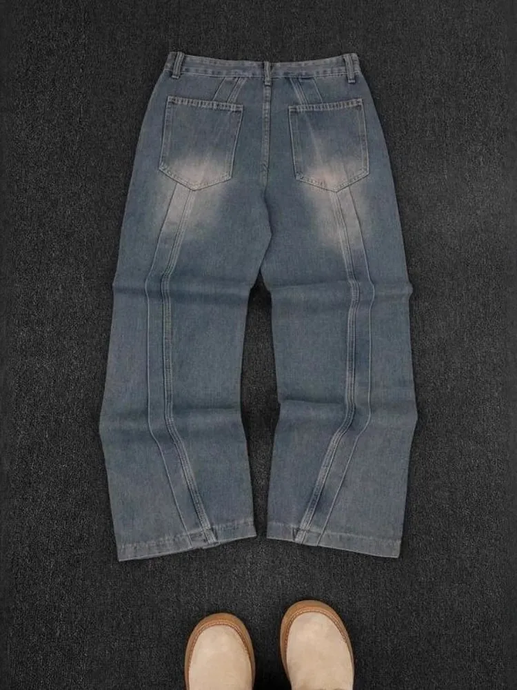 Mens Jeans American Vintage Streetwear Dark Blue Wide Leg Denim Pants Patchwork Contrast Stitch Washed Loose Fit Retro Fashion