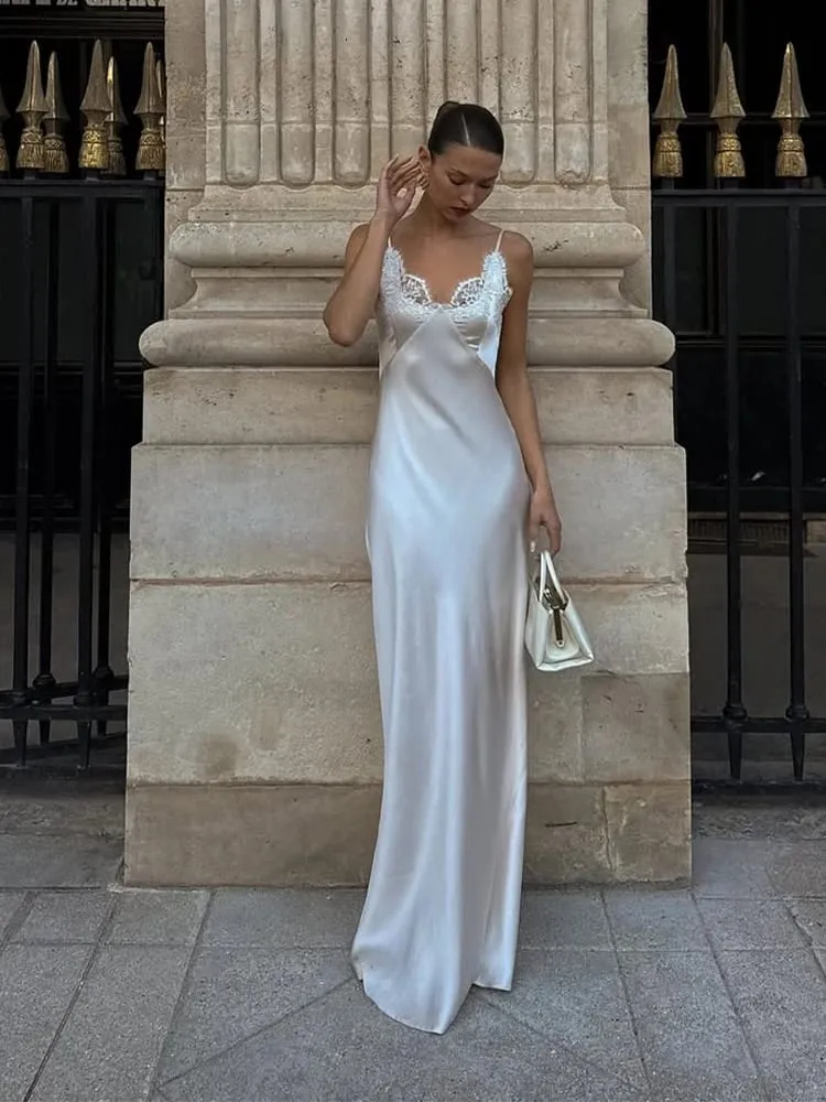 Women Sexy V-neck Satin Sling Maxi Dress Chic White Lace Patchwork Sleeveless Backless Slim Gowns Summer Evening Party Dresses — image 1