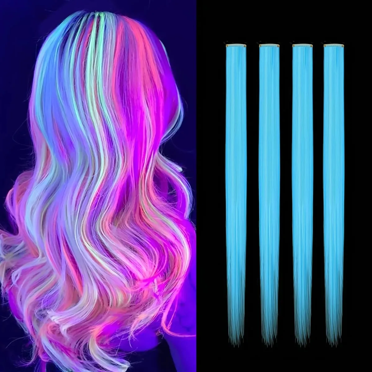4-Pieces Synthetic Hair Extensions with Luminous Fluorescent Glow for Women - Clip-In Smooth & Soft Easy to Wear for Parties — image 12