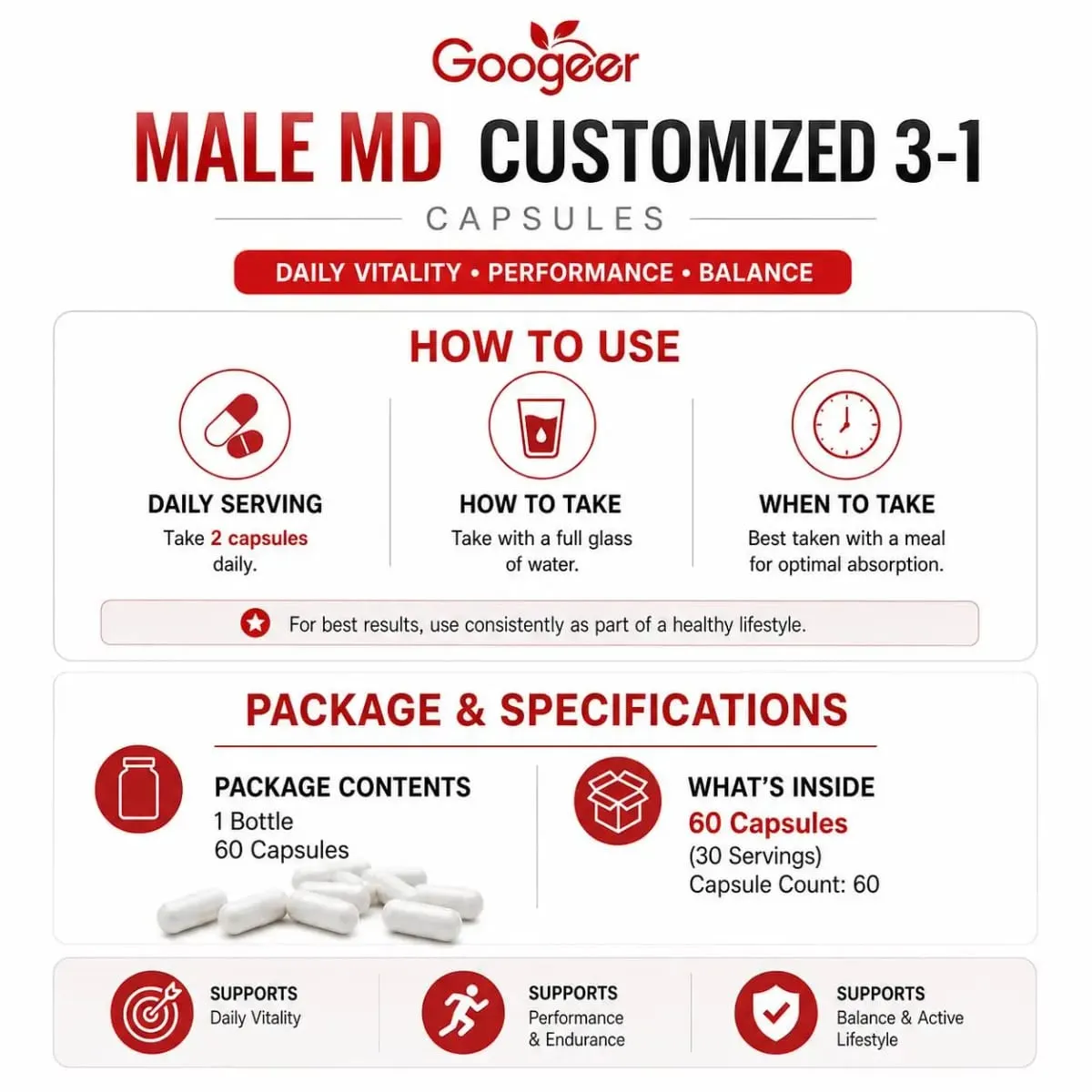 Googeer Male MD Capsules with L-Arginine HCl L-Citrulline and Epimedium Leaf Extract Circulation Vitality Support 60 Count