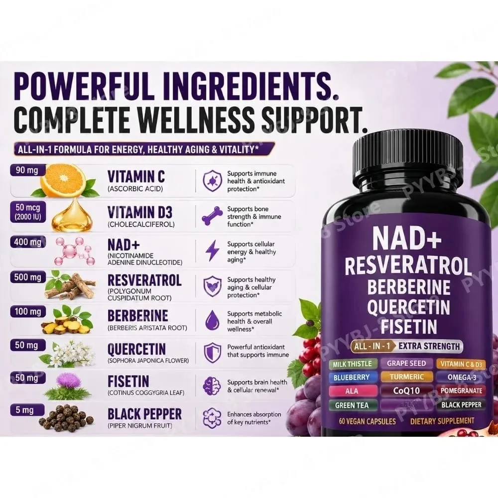 NAD+ Resveratrol Supplement with Berberine Quercetin Fisetin CoQ10 Vitamin C D3 60 Vegan Capsules for Daily Nutrition Support