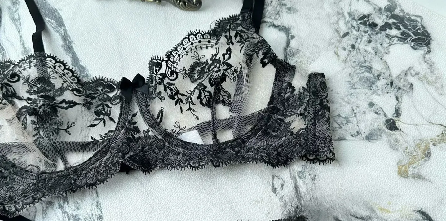 Sexy Transparent Lace Bra French Embroidery Thin Push‑Up Gather Bra For Men Crossdresser Sheer Lingerie Underwear