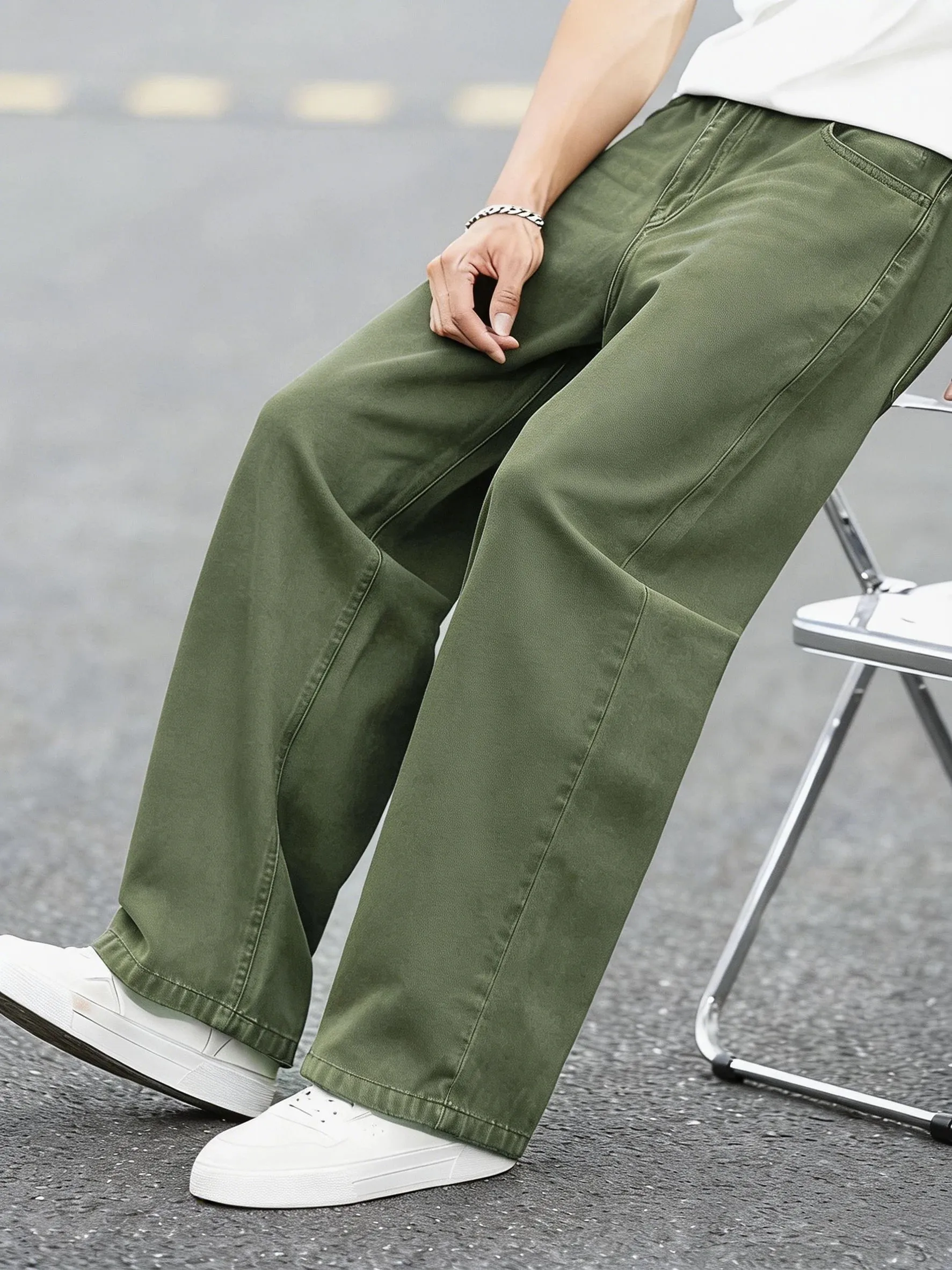 American Retro Olive Green Loose Jeans Street Fashion Casual Simple And Versatile Trousers For Men