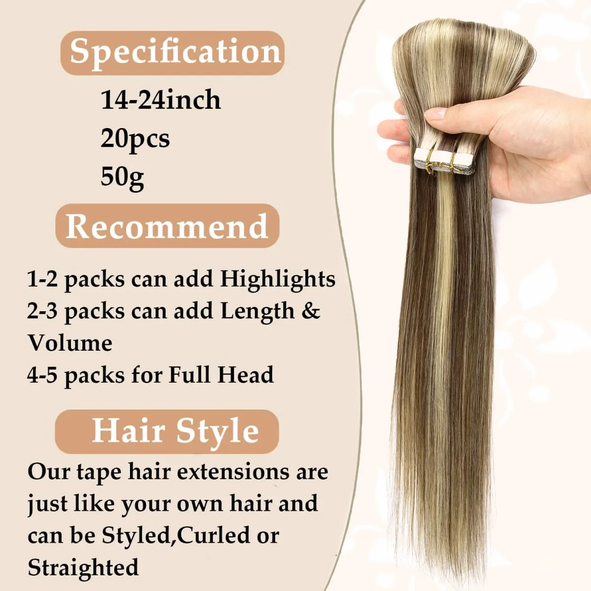 20 Pcs Real Human Hair Tape ins Extensions Straight Double Side Tape in Hair Extensions Highlight Tape in Remy Hair Extensions