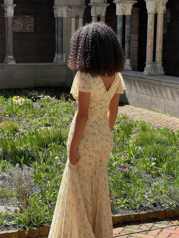 Women Floral Print Chiffon Maxi Dress Romantic Deep V-neck Flutter Sleeve High Low Lace Trim Dress 2026 Summer Elegant Lady Gown