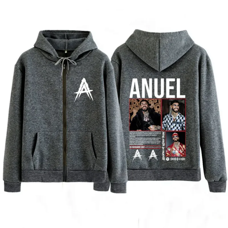 Rapper Anuel AA Album Tour 2025 Vintage Graphic Zipper Hoodie Men Women Fashion Long-sleeved Casual Hip-hop Zip Up Sweatshirts