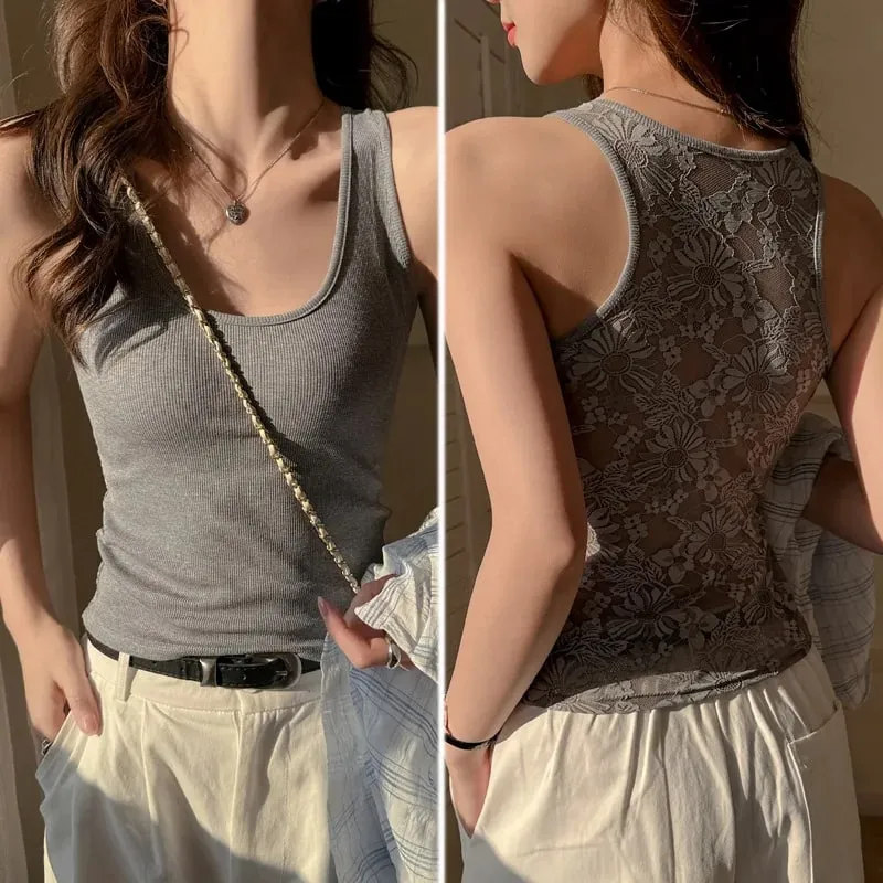 Women's Solid Color Lace Korean Vest Summer Trendy Singlet Cotton Sleeveless Camisole U-Neck Comfortable Female Tank Tops — image 10