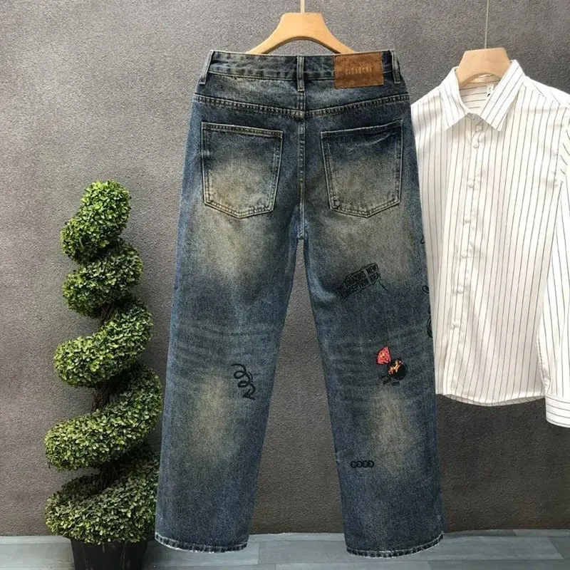Spring and Autumn New Fashion Trend Print Straight Elastic Denim Pants for Men Casual Loose Retro Sport High-Quality Denim Jeans