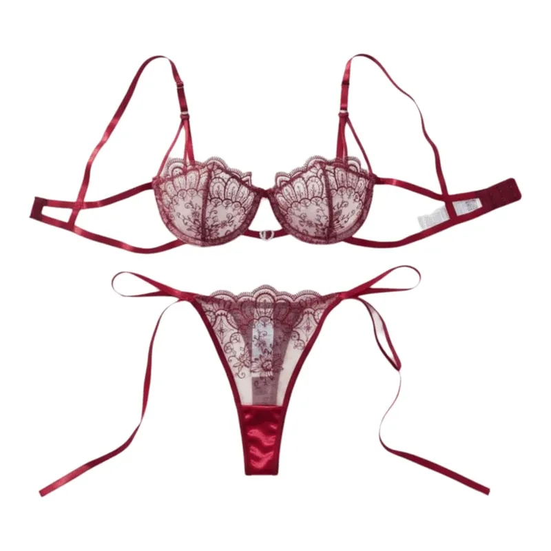 Elegant Floral Embroidery Lace Lingerie Set Lace-up Hollowed-out Thong Bra Suit Mesh Transparent Ultra-thin Underwear Sets Lady