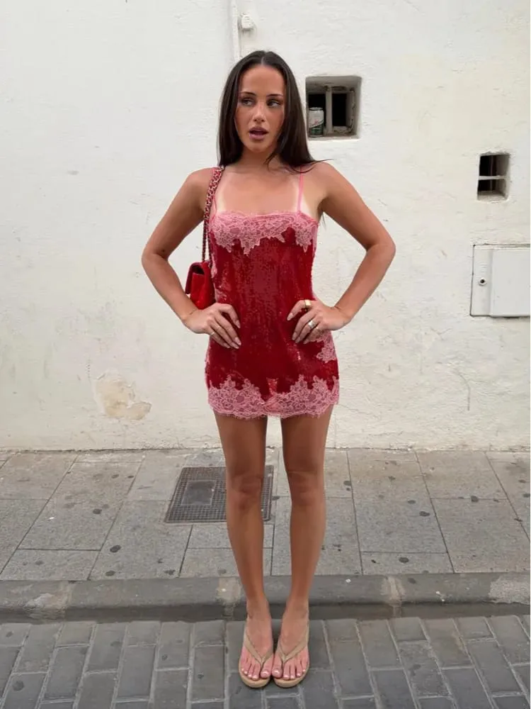 Women Chic Sequin Spaghetti Strap Mini Dress Lightweight Sexy Lace Trim Slimming Sleep Dresses 2026 Summer Beach Vacation Wear — image 1