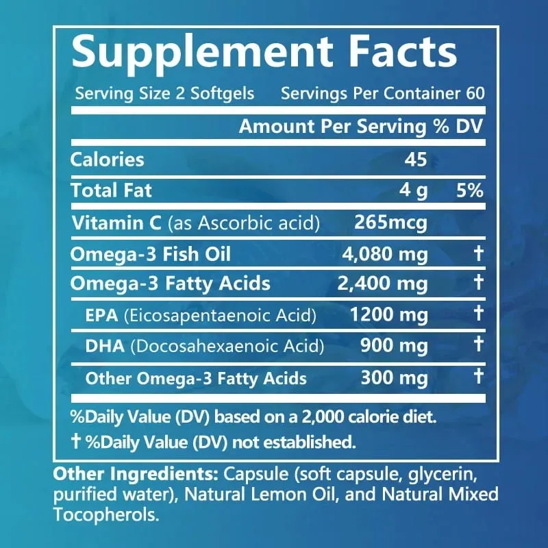 Balincer Wild Caught Omega 3 Minyak Ikan Softgels- Kekuatan Tiga Kali Lipat Tinggi EPA 1200mg DHA 900mg Non-GMO Suplemen Makanan Bebas Gluten