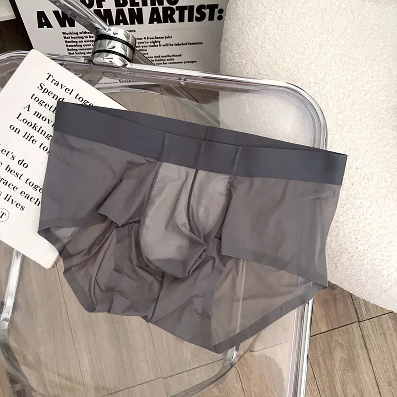 Slips transparents pour hommes Ultra-mince en soie glacée culotte à séchage rapide Sexy U poche bombée sous-vêtements pour hommes caleçons respirants Cuecas
