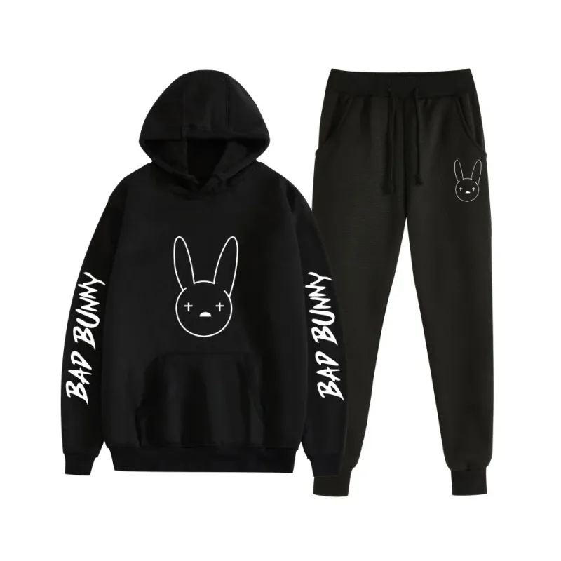 Harajuku Comfortable bad bunny Print Sweatshirt Sweatpants Suit Women's Hoodies+ Trousers Suit Boys/Girls 2 Piece Set Clothes