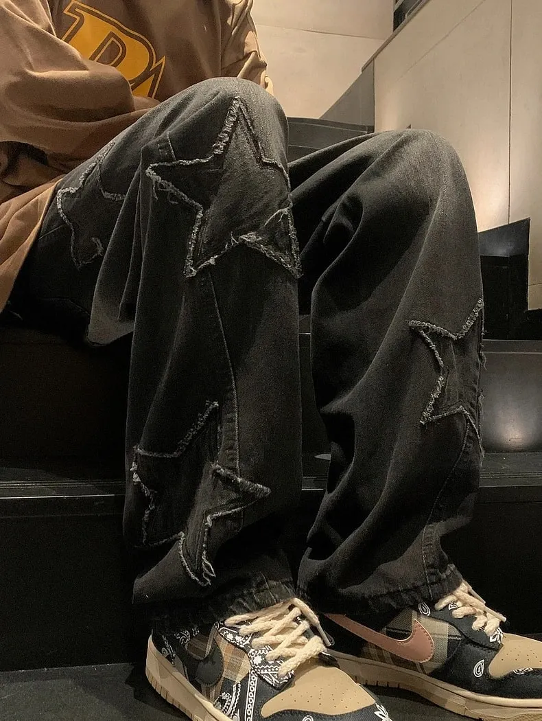 Men's Black Faded Baggy Wide Leg Jeans Raw Edge Star Patch Detail Hip Hop Street Style Casual Daily Going Out Loose Fit Denim Trousers