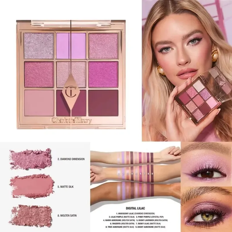 Палитра теней для век Charlotte Tilbury с атласно-матовым мерцанием и металлическим финишем. Простые в использовании 9 оттенков CT. Трендовые образы 2026 года.