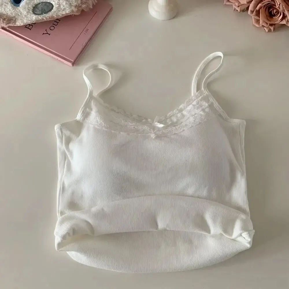 Knit Lace Sling Tops Sweet Bow Short Tank Top Camisole Solid Color Slim Knitted Crop Top Y2K Sexy Sleeveless Clothes Coquette