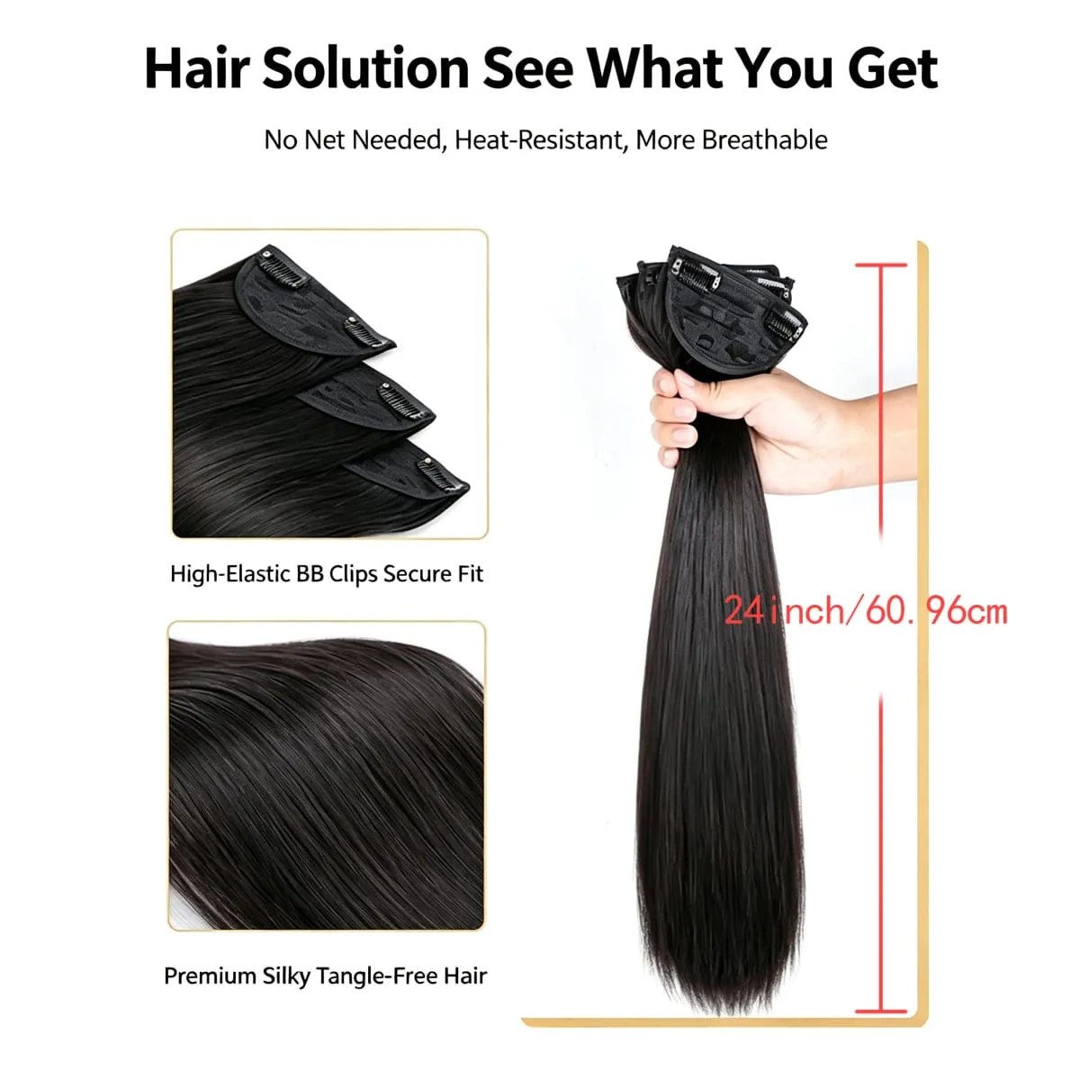 3 Pcs Black Synthetic Straight Hair Extensions Invisible Seamless Clip on Breathable Mesh Elastic BB Straight Hair Pieces