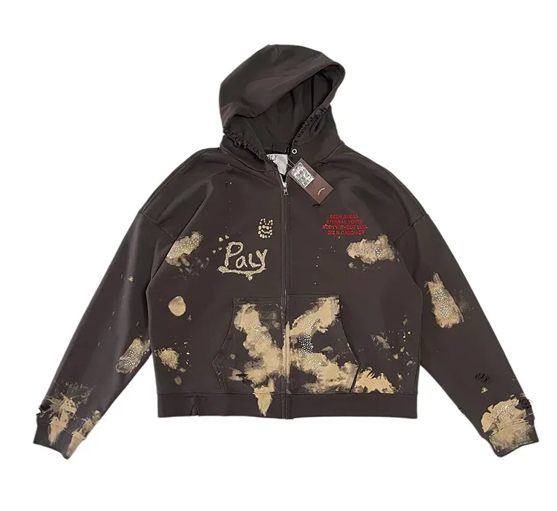 Washed Graffiti PALY Hoodies Men Woman Vintage Damaged Hole Old New Autumn Winter Zipper Hooded Pullovers Sweatshirts