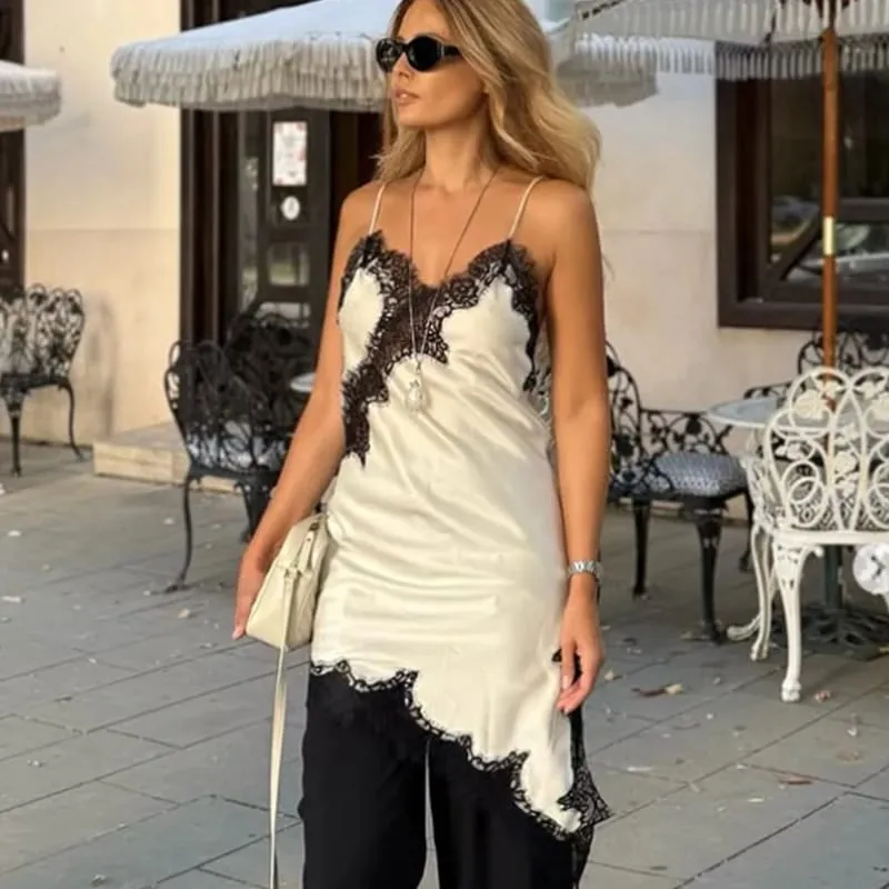 Slip Womens Dresses Sleeveless Black Lace Dress Woman Asymmetrical Elegant Party Dresses Sexy Backless Satin Yellow Dress