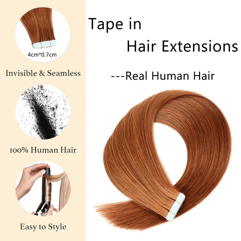 #30 Medium Auburn 40pc 100g Seamless Remy Tape in Human Hair Extensions Natural Straight PU Skin Weft Real Virgin Human Hair