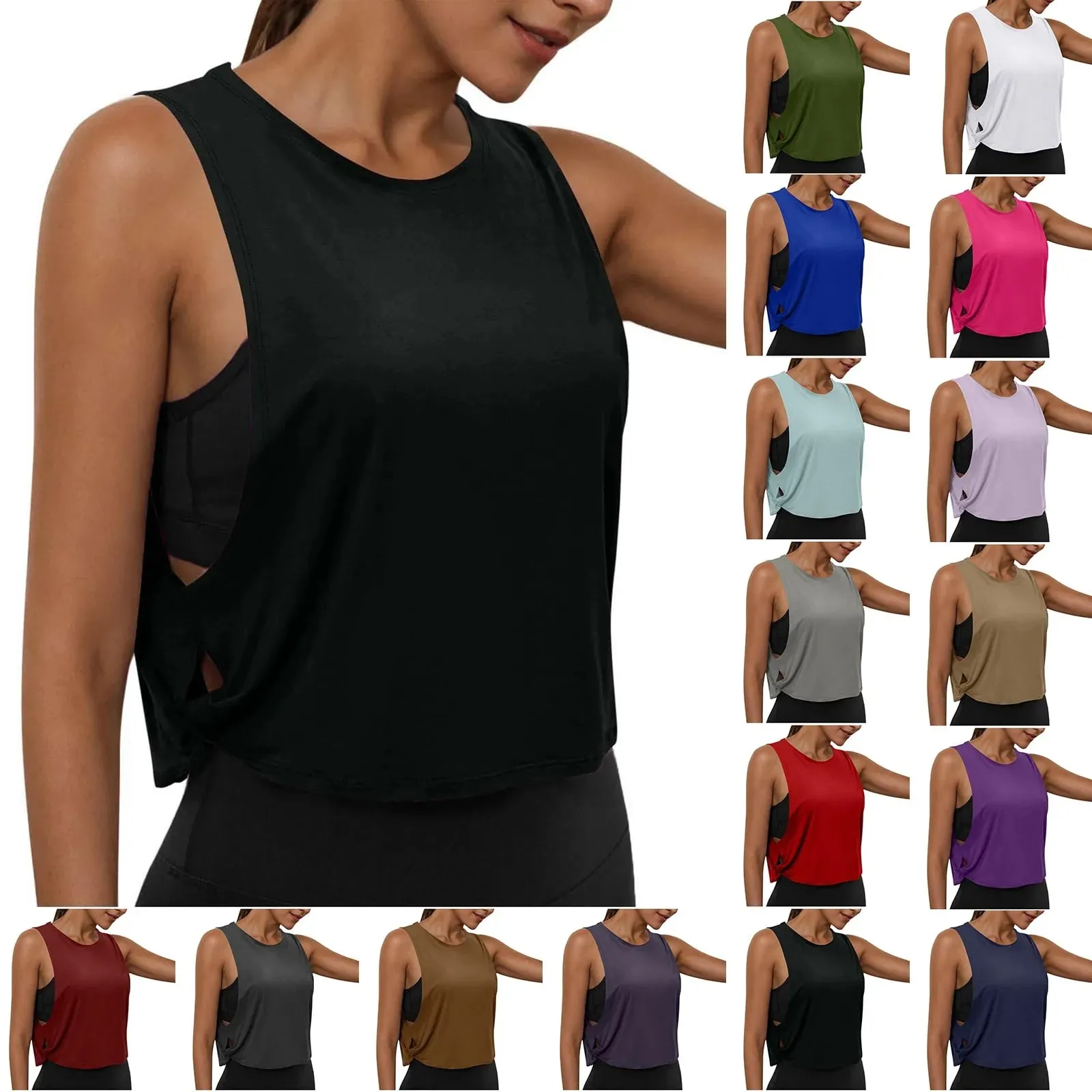 Women Sleeveless Yoga Tops Running Short Tank Crop Top Athletic Vest Breathable Blouse Cover Up Gym Workout Cool T-Shirt