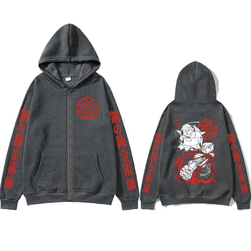Anime Fullmetal Alchemist Edward Elric Alphonse Elric Zipper Hoodies Men's Clothing Zip Up Hooded Sweatshirts Long Sleeves Coats