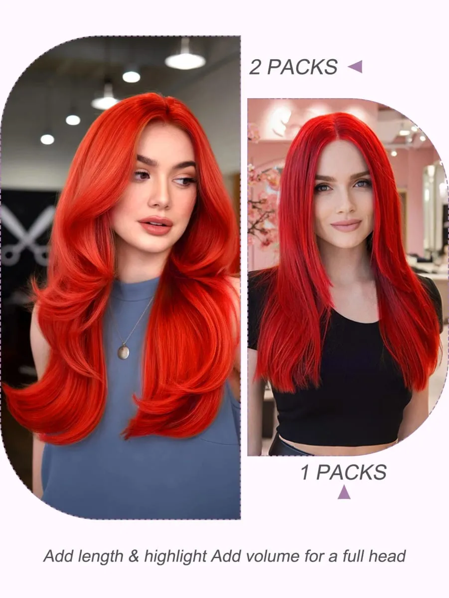 Red Color 20Pcs Tape-In Hair Extensions 100% Remy Human Hair Straight Highlight Color for Women Add Hair Length And Volume 50g