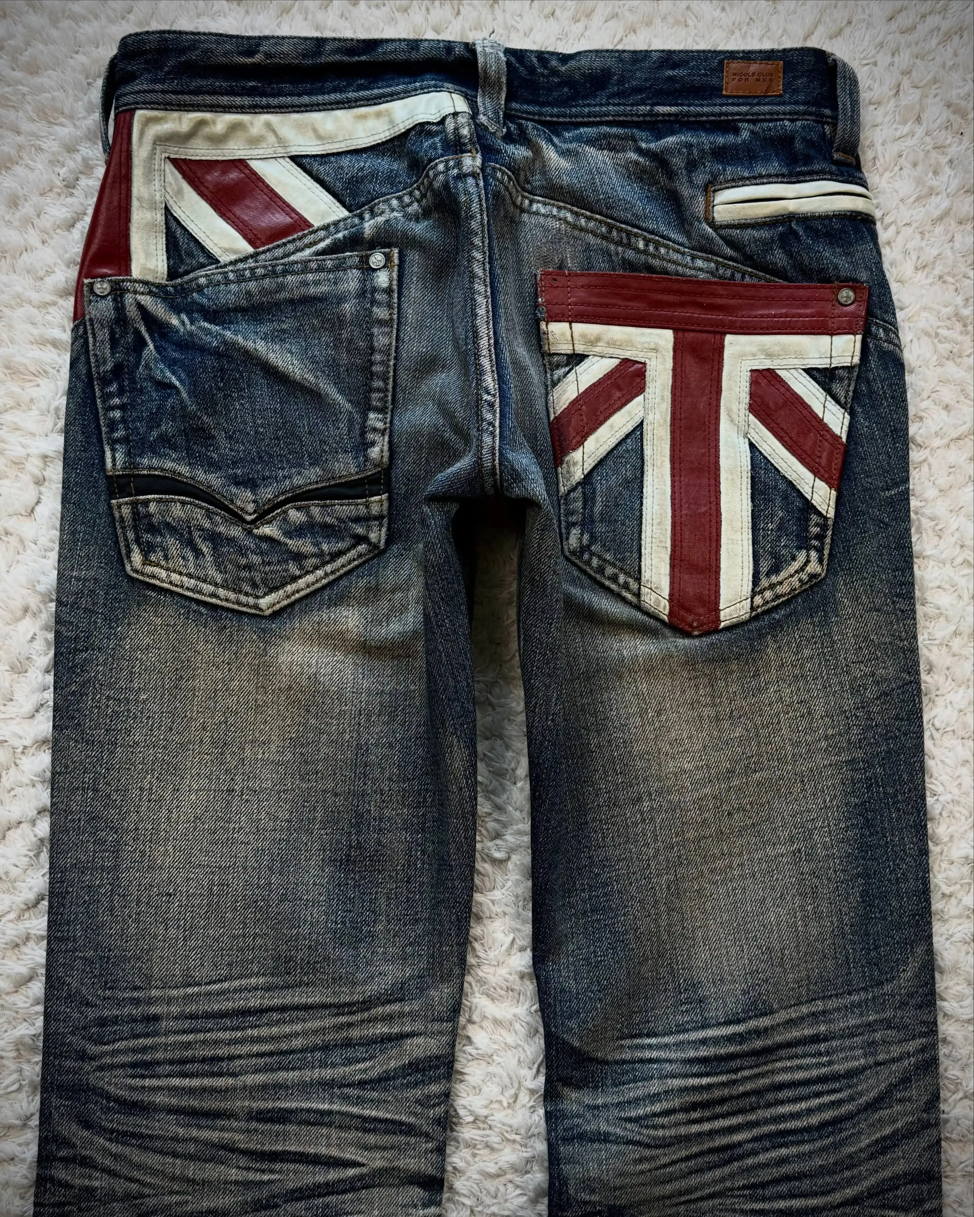 Vintage French Flag Pocket Patchwork Men's Jeans Y2K Low Waisted Straight Leg Blue Washed Denim Pants Women Casual Street Jeans