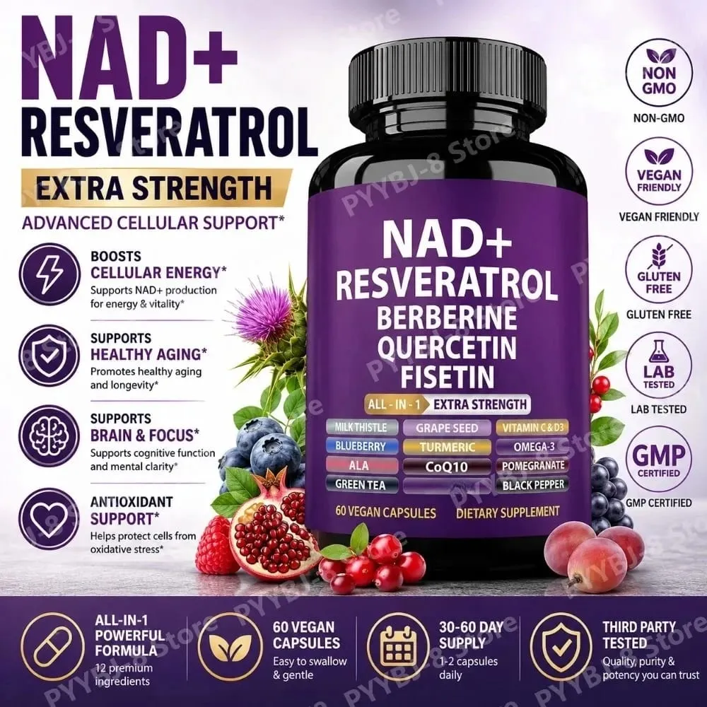 NAD+ Resveratrol Supplement with Berberine Quercetin Fisetin CoQ10 Vitamin C D3 60 Vegan Capsules for Daily Nutrition Support