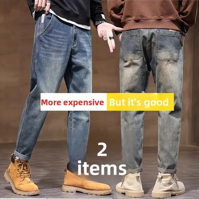 Spring Summer New Retro Men's Jeans Straight Leg Elastic Casual Versatile Classic Mid-Rise Long Pants Comfortable Fit