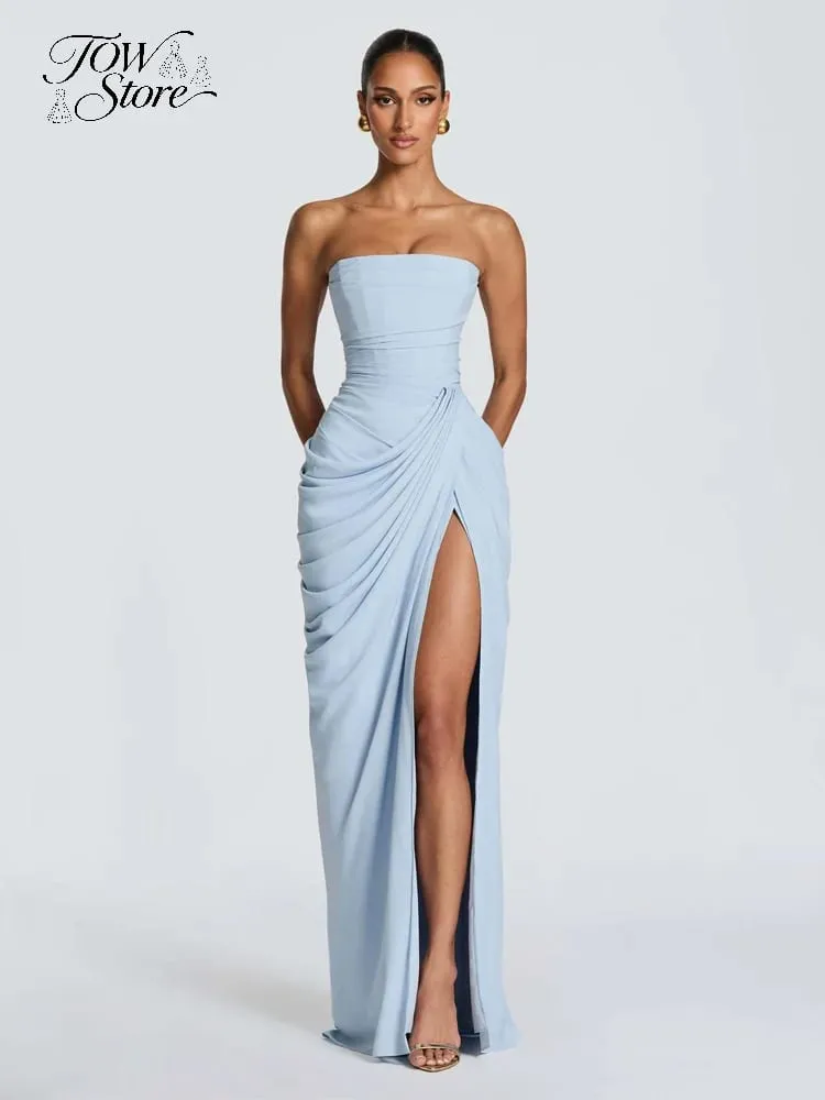 Women Sexy Solid Pleated Strapless Dress Lady Chic Off-shoulder Backless High Waist Split Dresses 2026 Summer Evening Party Gown — image 1