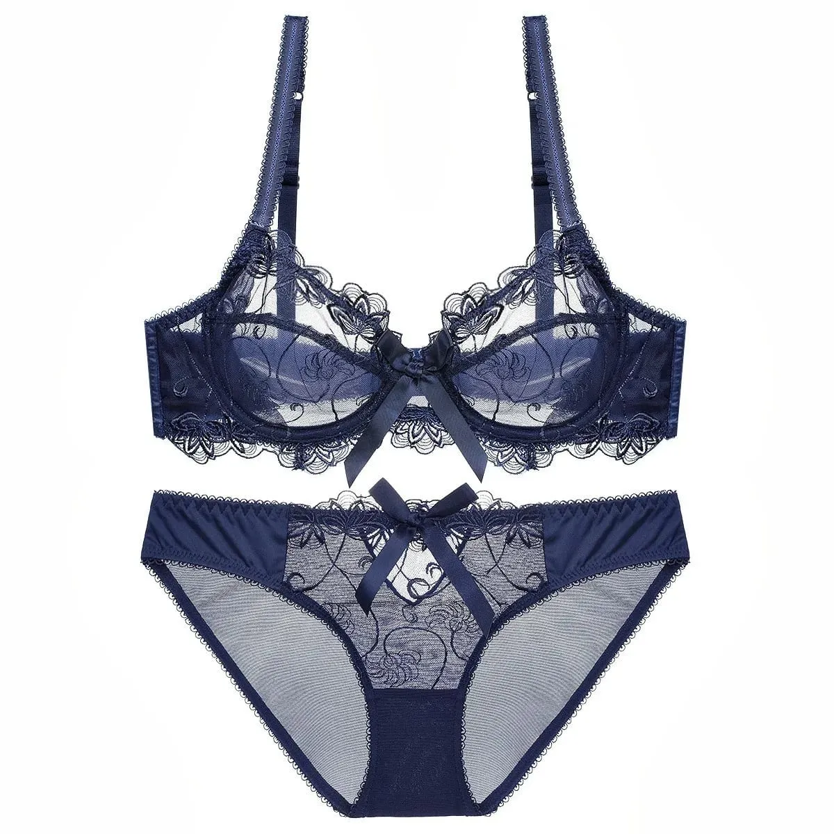 Lace Push Up Bra Set Breathable PantiesThin Mesh Cup Transparent Behalf Lingerie Bow Embroidery Flora Soutien Gorge