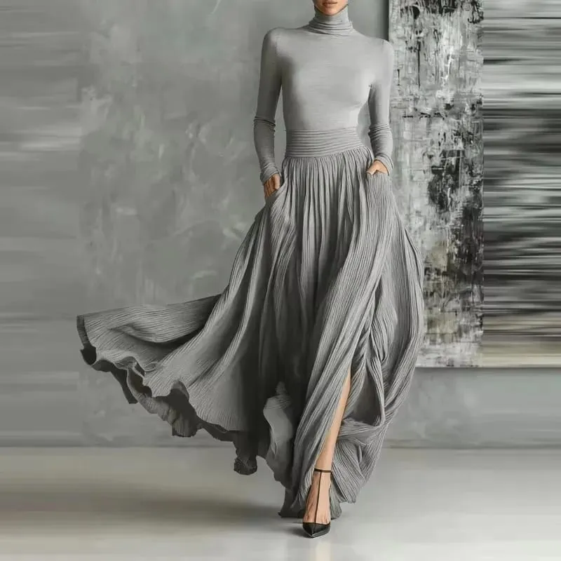 Set Skirt Dua Helai Anggun Perancis untuk Poket Wanita Labuh Berbelah Minimalis Pejal Garisan Berlipat Sut Slim Turtleneck Vintage