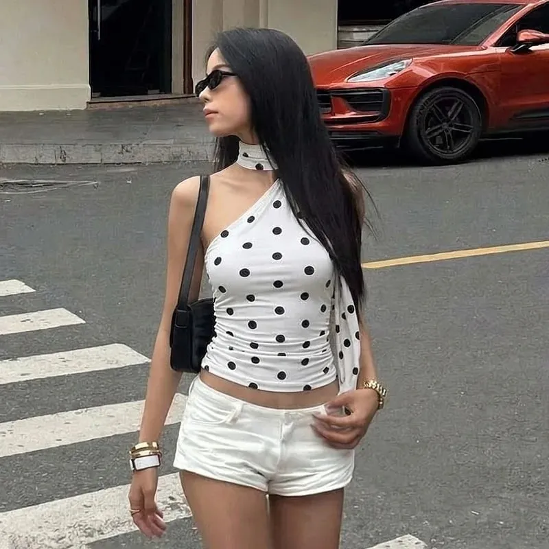 Women Spring Summer Polka Dot Tube Top Double Layer Scarf Collar Tie Back Slim Bandeau Top — image 3
