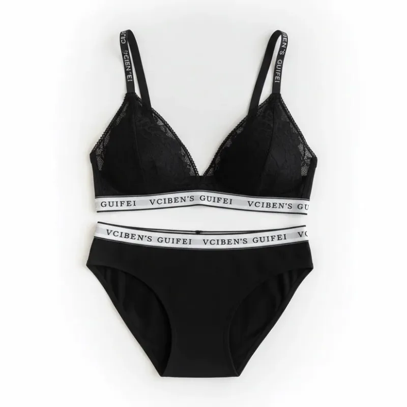 Fashion Letter Design Lingerie Set Deep V Wireless Women Underwear Suit Color Blocking Lace Bra Panties Set Gift