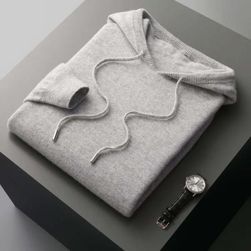 DjzDsm 100% Merino Wool Men's One-piece Ready-to-Wear Hoodie Knitted Sweatshirt Autumn Winter Casual Large Top Long Sleeved