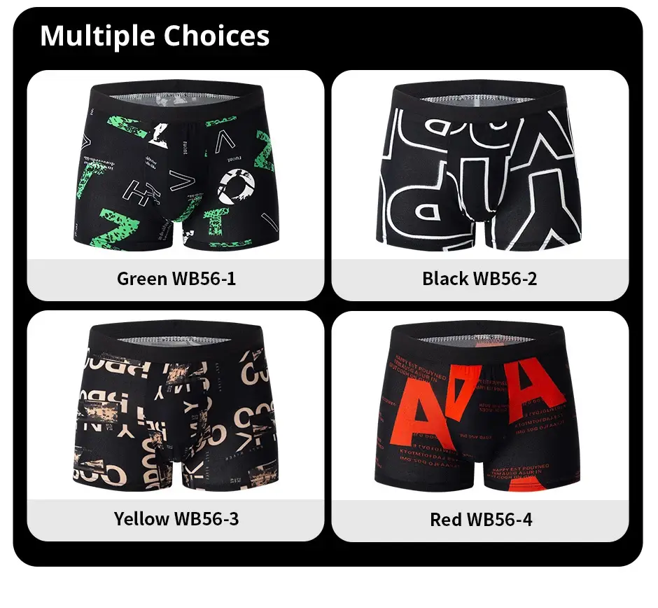 Sous-vêtements imprimés MODE HOMMES 4 pièces Boxers respirants à l'entrejambe pour adolescents Sous-vêtements confortables grande taille jusqu'à 6XL.
