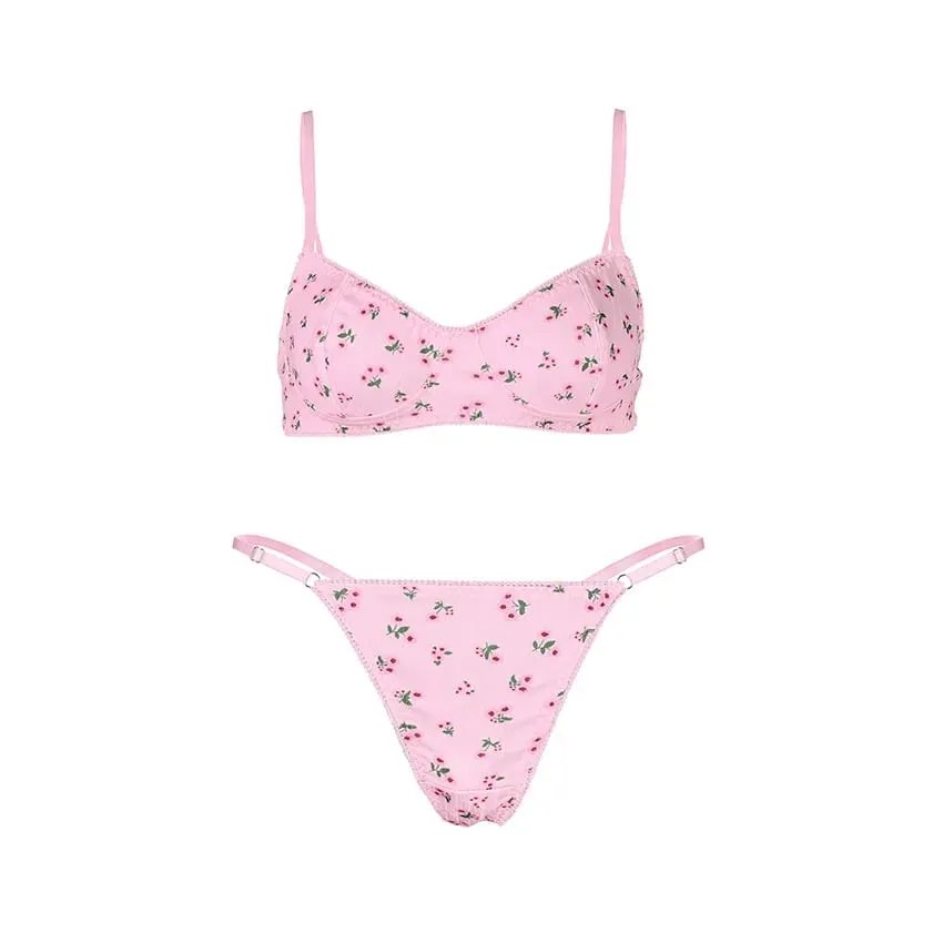 Women Floral Print Wireless Bra Panty Set Spaghetti Strap Soft Texture Cute Bikini Lingerie Daily Sleep Comfort Intimates