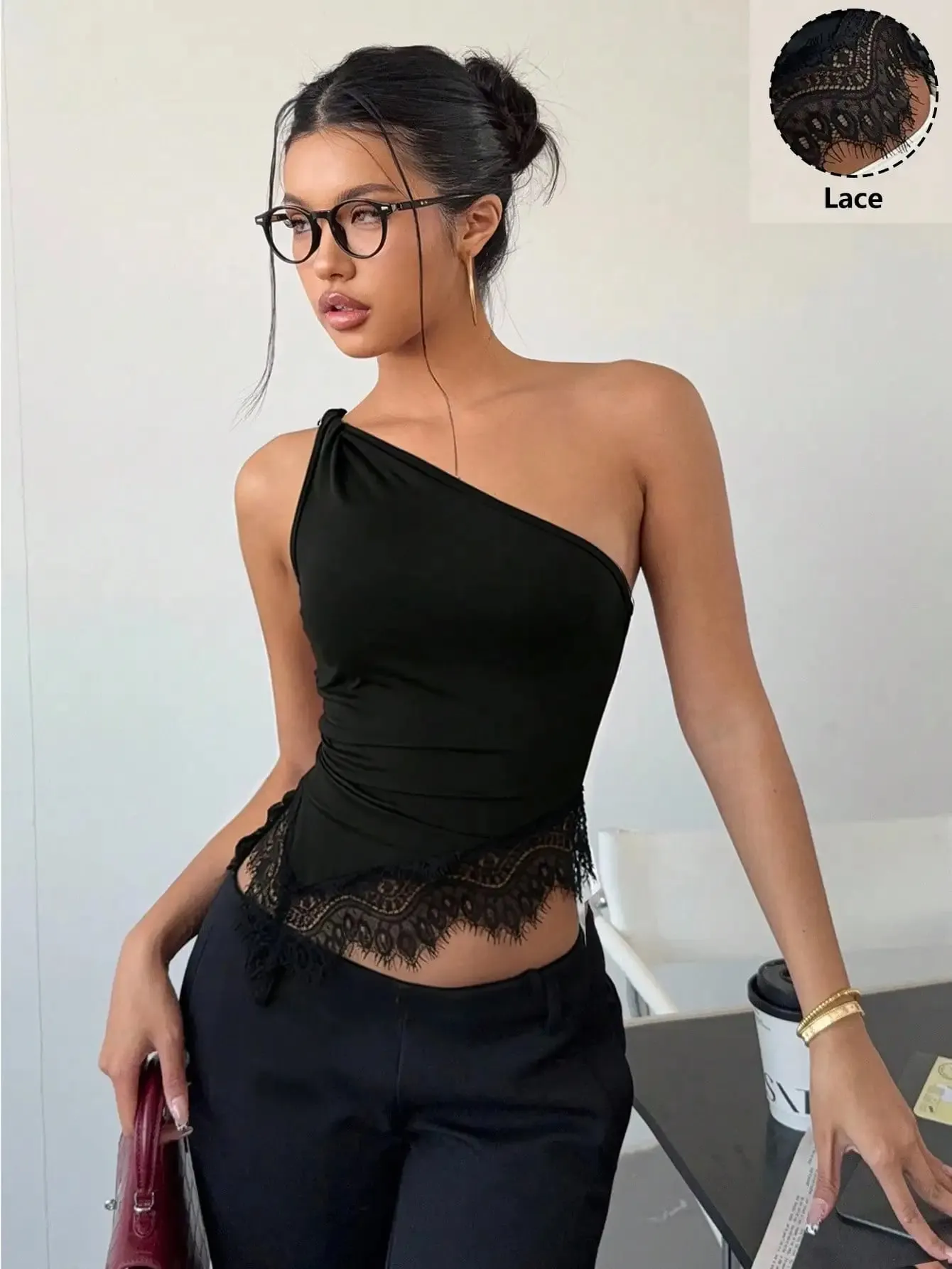 Women's Elegant Solid Color One-Shoulder Twist Vest with Lace Splicing Versatile Top for Vacation Party Beach Shopping Dati — image 2