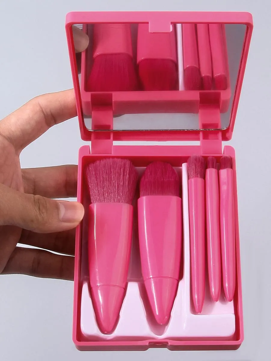 Sada 5 ks cestovních štětců na make-up Mini štětce na make-up Malé kompletní sada kosmetických štětců s pouzdrem a zrcátkem