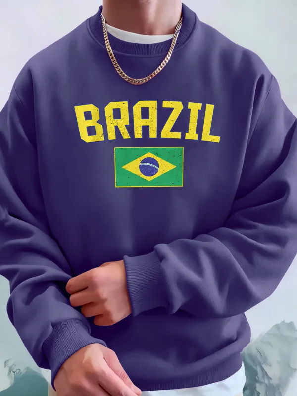 Brazil Letter And Flag Prints Man'S Pocket Streetwear Street Basic Hoody Crewneck Sport Sweatshirts Fleece Trendy Pullovers