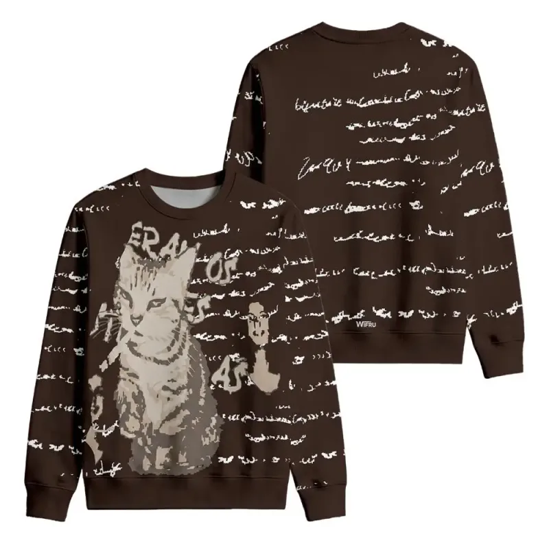Vintage Cat Portrait English Letter Graphic Pullover WIFRU Harajuku Aesthetic Long Sleeve Crewneck Top Unisex Casual Streetwear — image 5