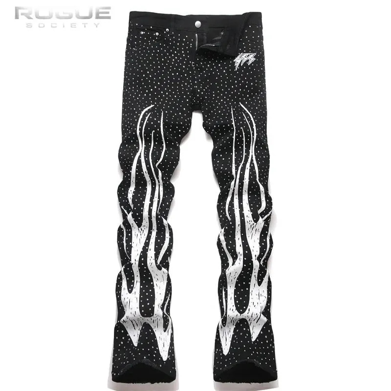 Punk Flame Rhinestone Jeans Men Harajuku Black High Street Elastic Streetwear Y2K Grunge HipHop Casual Denim Pants Unisex Edgy