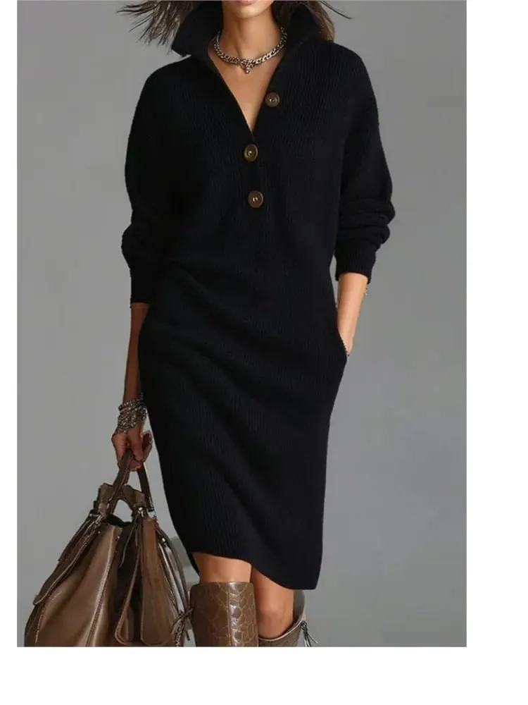 Autumn Fashion Knitted Button Lapel Women Dress Casual Loose Pocket Lazy Straight Over The Knee Long Sleeve Sweater FemaleDress — image 3
